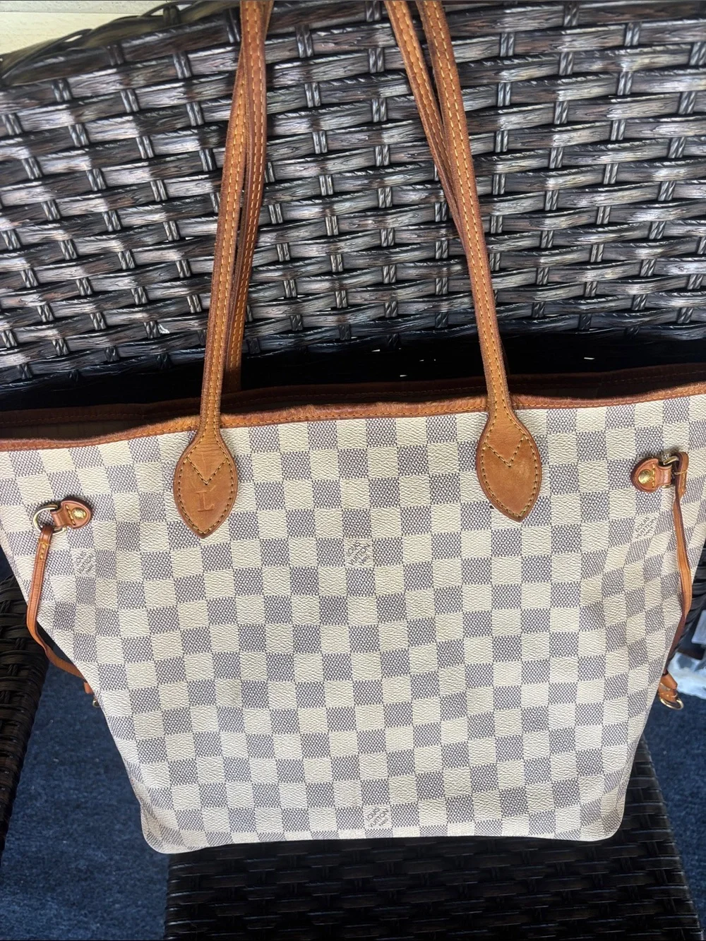 Louis Vuitton Damier Azur Canvas Tote with Brown Leather Trim